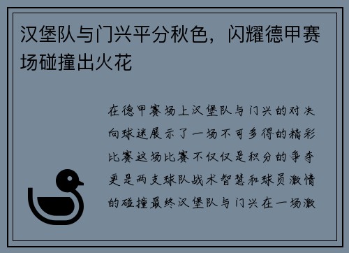 汉堡队与门兴平分秋色，闪耀德甲赛场碰撞出火花